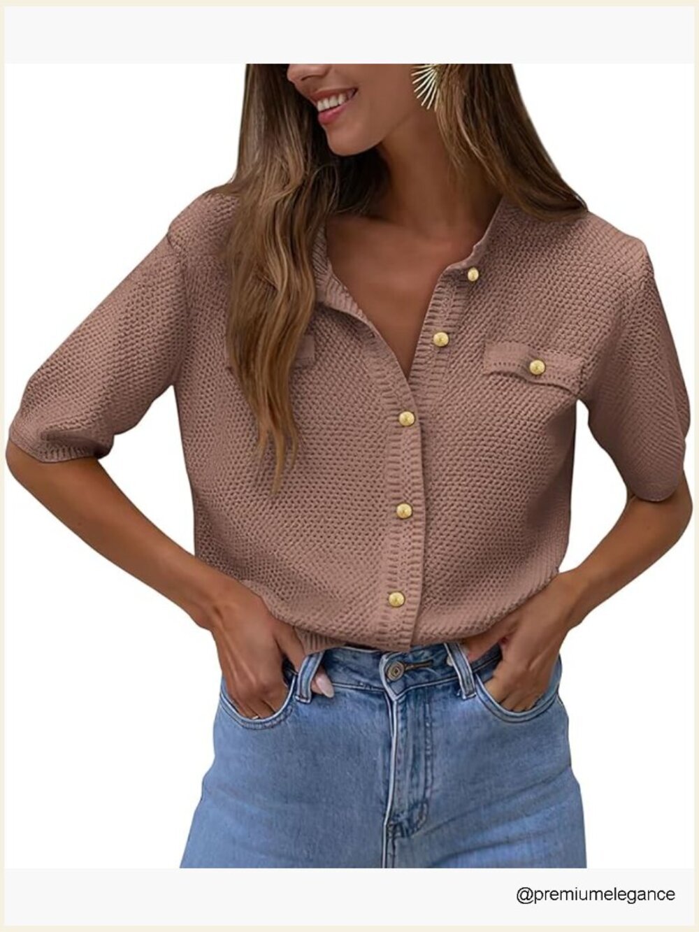Women's Button Down Shirt Crew Neck Short Sleeve Ribbed Knit Blouse